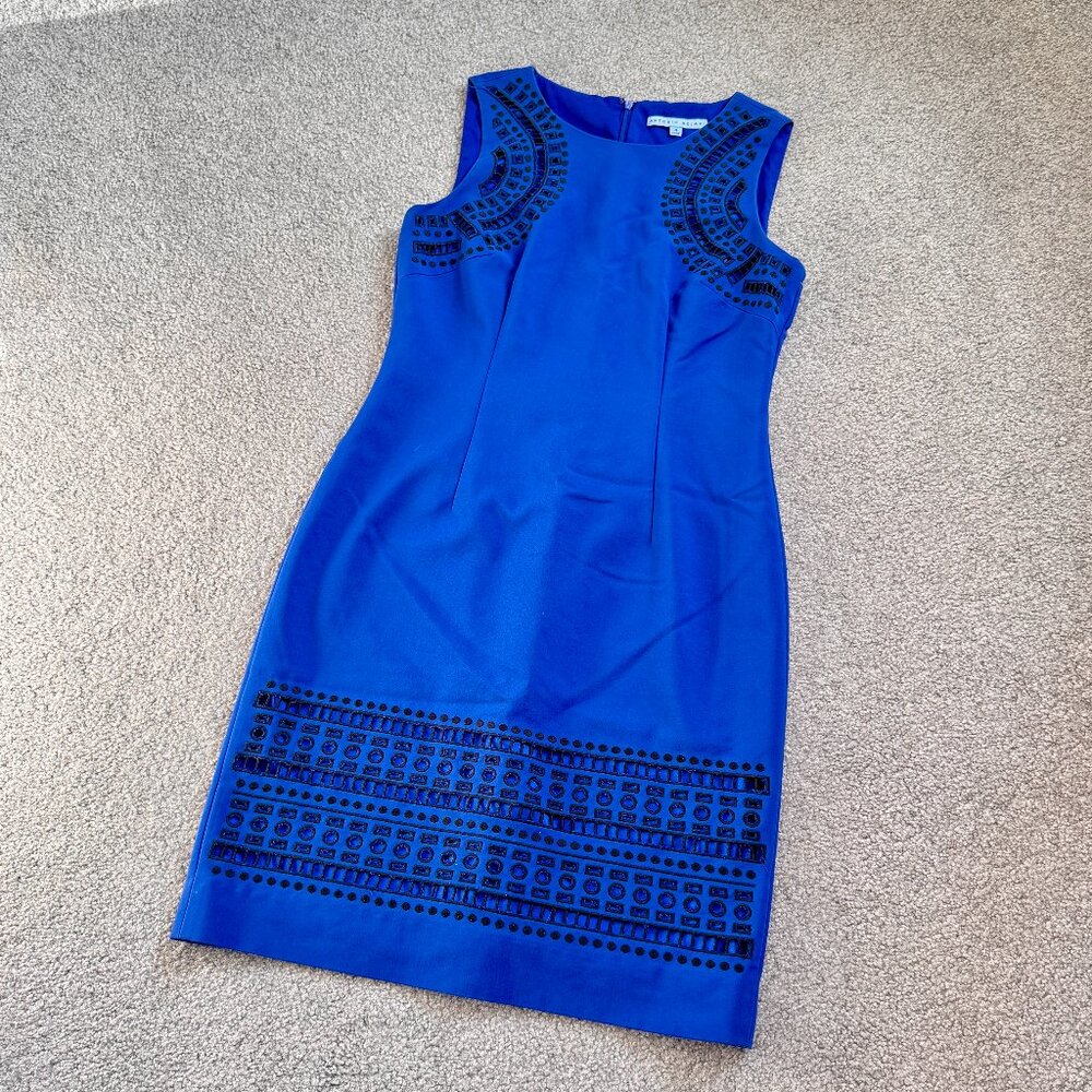 - Antonio Melani Royal Blue Laser Cut Embroidered Sheath Dress US 4